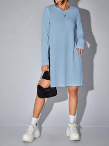 SHEIN EZwear Solid Split Hem Longline Tee - Blue - View 5