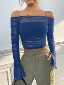 SHEIN ICON Off The Shoulder Flounce Sleeve Ruched Mesh Top Without Cami Top - Blue - View 1