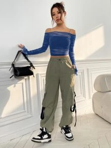 SHEIN ICON Off The Shoulder Flounce Sleeve Ruched Mesh Top Without Cami Top - Blue - View 3