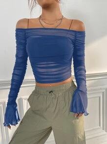 SHEIN ICON Off The Shoulder Flounce Sleeve Ruched Mesh Top Without Cami Top - Blue - View 6