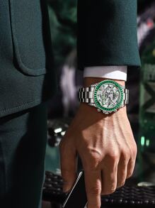 1pc Men's Chinese Dragon Dial Round Zinc Alloy Case Green Rhinestone Embellished 30M Waterproof Steel Band Pointer Mechanical Watch, For Business Style Or Daily Decoration Holiday - Silver - View 2