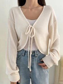DAZY Áo thun trễ vai buộc dây phía trước, Quần áo mùa thu, Quần áo trở lại trường Áo dài tay cho nữ - Màu be - Xem 1