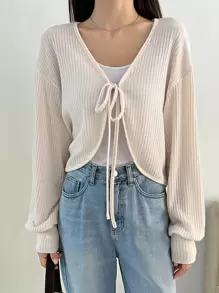 DAZY Áo thun trễ vai buộc dây phía trước, Quần áo mùa thu, Quần áo trở lại trường Áo dài tay cho nữ - Màu be - Xem 3