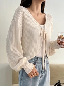 DAZY Áo thun trễ vai buộc dây phía trước, Quần áo mùa thu, Quần áo trở lại trường Áo dài tay cho nữ - Màu be - Xem 8