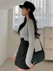 DAZY Striped Scoop Neck Tee,Fall Clothes Long Sleeve Women Tops - Black and White - View 2