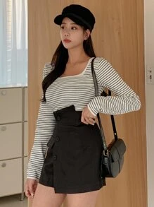 DAZY Striped Scoop Neck Tee,Fall Clothes Long Sleeve Women Tops - Black and White - View 3