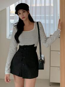 DAZY Striped Scoop Neck Tee,Fall Clothes Long Sleeve Women Tops - Black and White - View 5