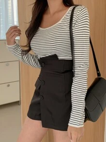 DAZY Striped Scoop Neck Tee,Fall Clothes Long Sleeve Women Tops - Black and White - View 6