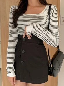 DAZY Striped Scoop Neck Tee,Fall Clothes Long Sleeve Women Tops - Black and White - View 7