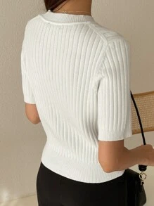 DAZY Solid Ribbed Knit Top,Fall Clothes - White - View 2