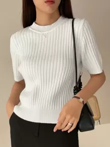 DAZY Solid Ribbed Knit Top,Fall Clothes - White - View 3