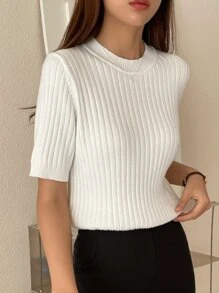 DAZY Solid Ribbed Knit Top,Fall Clothes - White - View 7