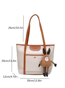 Letter Detail Cartoon Decor Shoulder Tote Bag - Beige - View 3