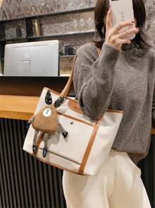 Letter Detail Cartoon Decor Shoulder Tote Bag - Beige - View 5