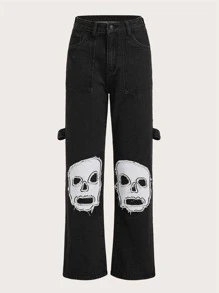 ROMWE Skull Graphic Straight Leg Jeans - Black - View 1