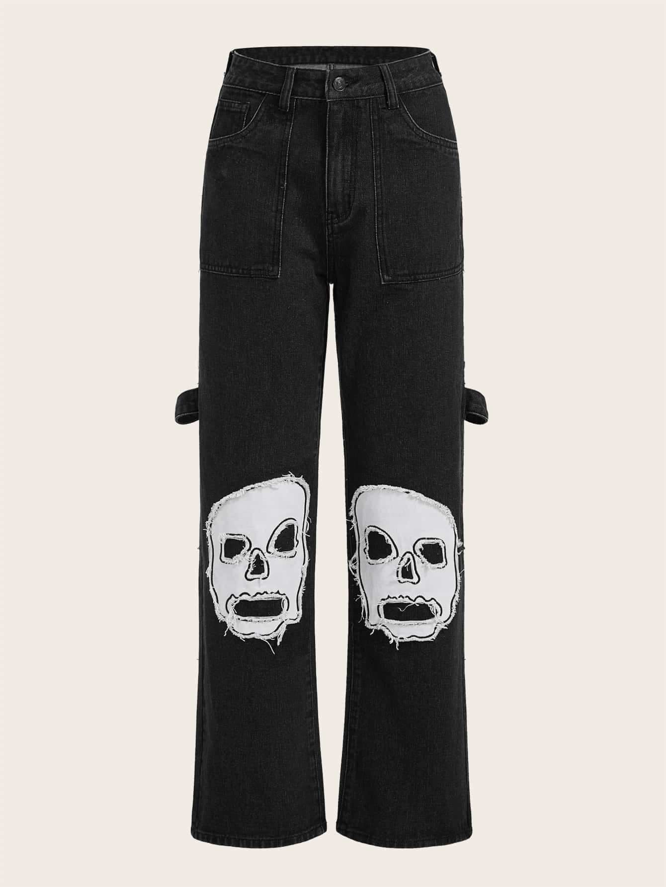 ROMWE Skull Graphic Straight Leg Jeans - Black - View 1
