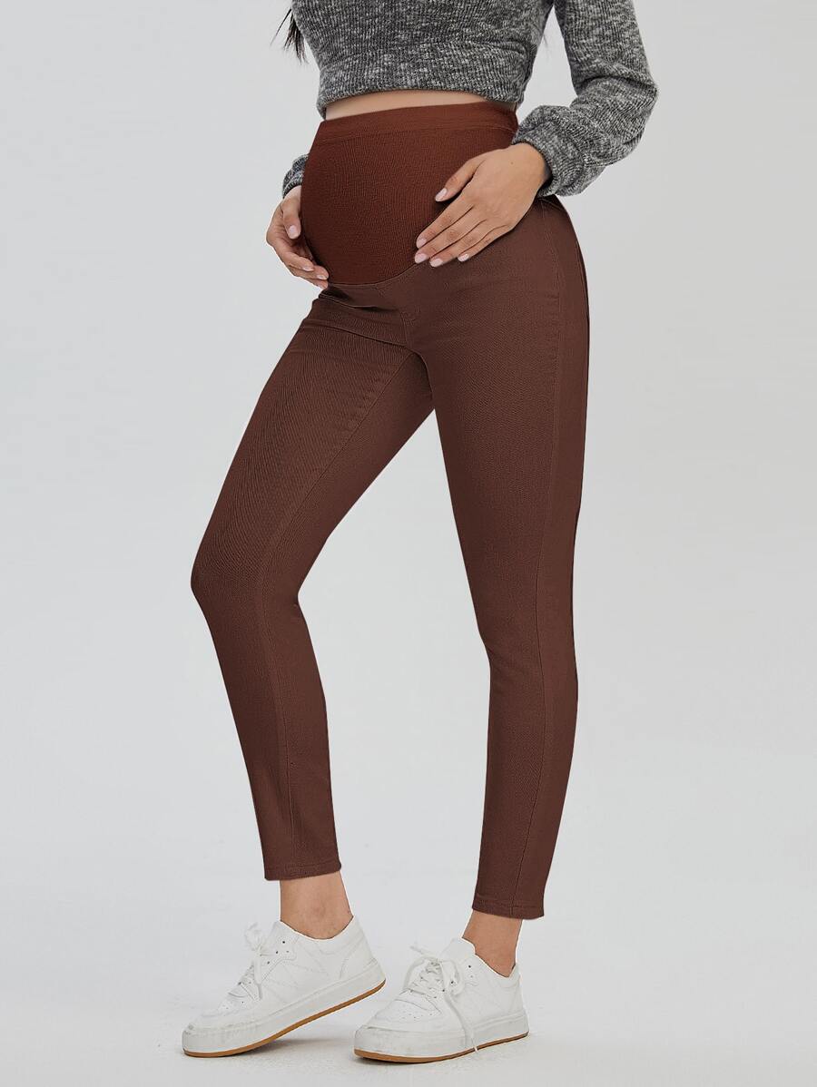 SHEIN 孕婦寬腰帶緊身牛仔褲 - 咖啡棕 - 查看 1