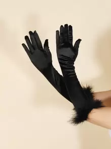 1pair Ladies' Shiny Fur Cuff Gloves, Suitable For Party And Gathering - Black - View 1