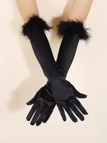 1pair Ladies' Shiny Fur Cuff Gloves, Suitable For Party And Gathering - Black - View 2