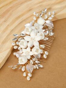 1 件鋅合金葉子髮梳金色新娘頭飾帶手工陶瓷花和珍珠適合婚禮派對