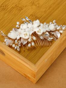 1 件鋅合金葉子髮梳金色新娘頭飾帶手工陶瓷花和珍珠適合婚禮派對