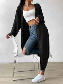 SHEIN EZwear Drop Shoulder Open Front Coat,Ladies Spring/Fall Casual Rib-Knit Drop Shoulder Oversized Black Plain Women Coats,Casual Daily Wear - Black - View 1