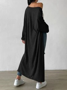SHEIN EZwear Drop Shoulder Open Front Coat,Ladies Spring/Fall Casual Rib-Knit Drop Shoulder Oversized Black Plain Women Coats,Casual Daily Wear - Black - View 2