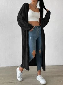 SHEIN EZwear Drop Shoulder Open Front Coat,Ladies Spring/Fall Casual Rib-Knit Drop Shoulder Oversized Black Plain Women Coats,Casual Daily Wear - Black - View 3