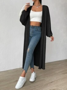 SHEIN EZwear Drop Shoulder Open Front Coat,Ladies Spring/Fall Casual Rib-Knit Drop Shoulder Oversized Black Plain Women Coats,Casual Daily Wear - Black - View 4