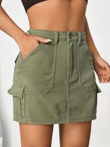SHEIN EZwear Flap Pocket Side Cargo Denim Skirt - Army Green - View 2
