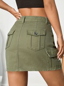SHEIN EZwear Flap Pocket Side Cargo Denim Skirt - Army Green - View 1
