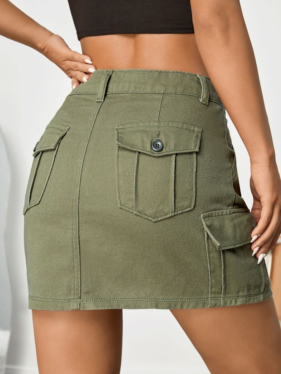 SHEIN EZwear Flap Pocket Side Cargo Denim Skirt - Army Green - View 1