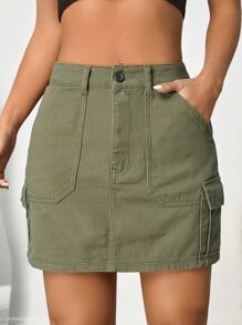 SHEIN EZwear Flap Pocket Side Cargo Denim Skirt - Army Green - View 4