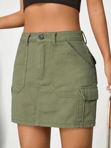 SHEIN EZwear Flap Pocket Side Cargo Denim Skirt - Army Green - View 5