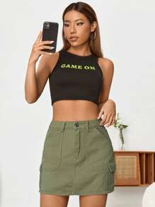 SHEIN EZwear Flap Pocket Side Cargo Denim Skirt - Army Green - View 3