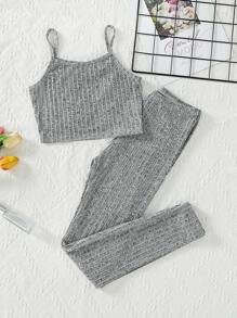 Chicas Conjunto de pijama Top de tirantes unicolor tejido de canalé & Leggings - Gris - Ver 1