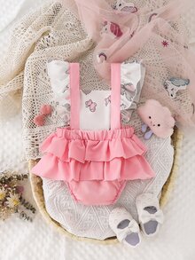 嬰兒大象和蝴蝶圖案荷葉邊前蝴蝶結背帶連體衣 - 彩色 - 查看 2