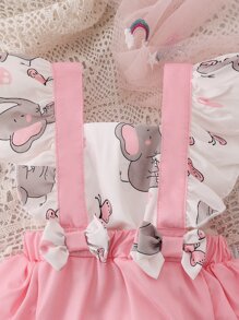 嬰兒大象和蝴蝶圖案荷葉邊前蝴蝶結背帶連體衣 - 彩色 - 查看 4