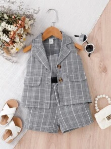 Baby Plaid Print Vest Jacket & Shorts & Cami Top - Grey - View 1