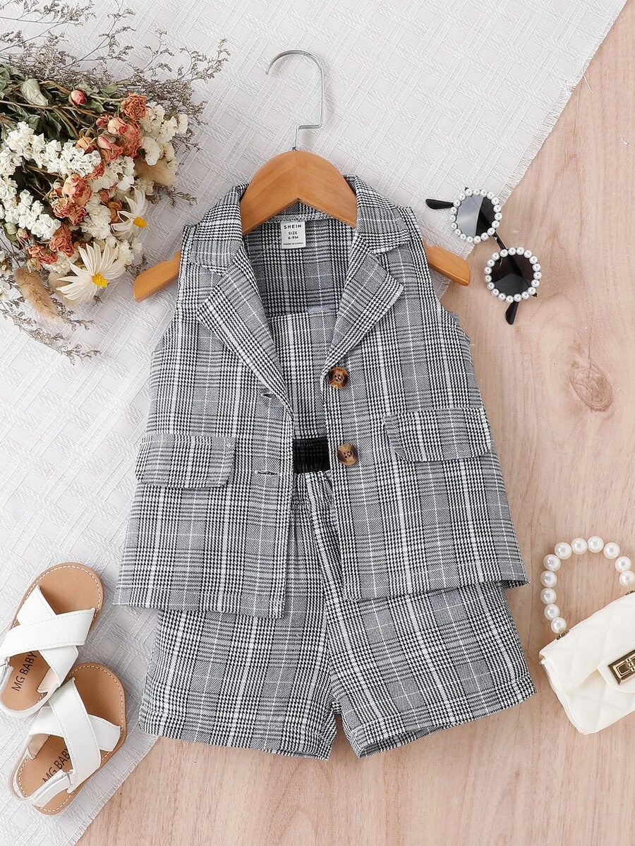Baby Plaid Print Vest Jacket & Shorts & Cami Top - Grey - View 1