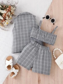 Baby Plaid Print Vest Jacket & Shorts & Cami Top - Grey - View 2