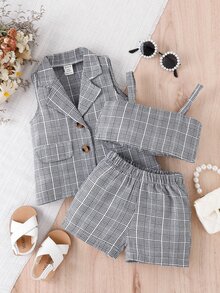 Baby Plaid Print Vest Jacket & Shorts & Cami Top - Grey - View 3