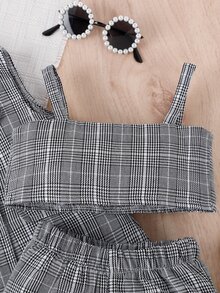 Baby Plaid Print Vest Jacket & Shorts & Cami Top - Grey - View 6