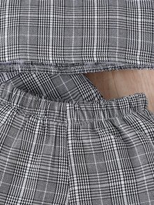 Baby Plaid Print Vest Jacket & Shorts & Cami Top - Grey - View 7