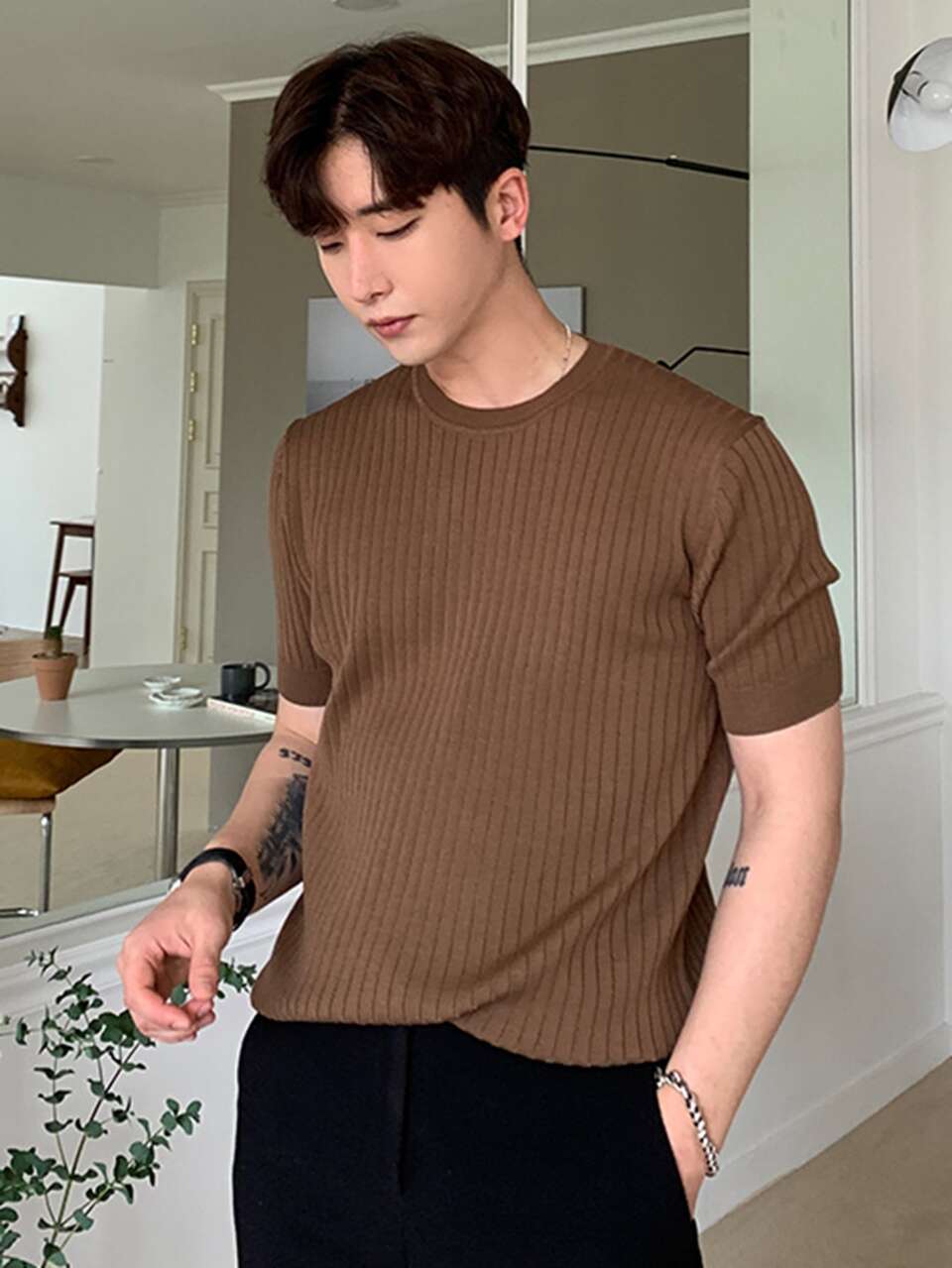 Men Ribbed Knit Top Business Attire
