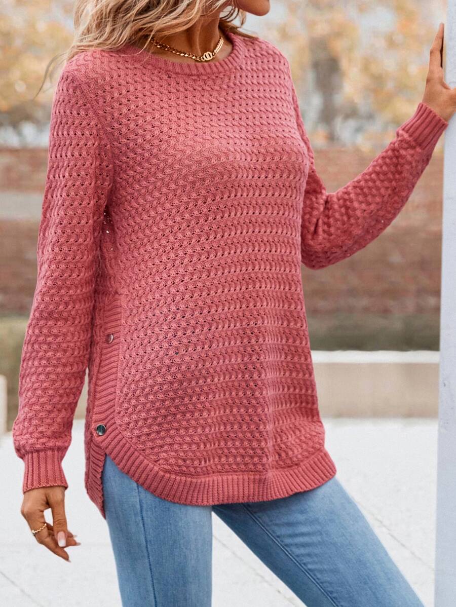 SHEIN LUNE Solid Button Detail Sweater - Coral Pink - View 1