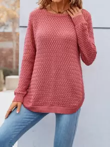 SHEIN LUNE Solid Button Detail Sweater - Coral Pink - View 3