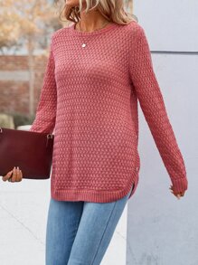 SHEIN LUNE Solid Button Detail Sweater - Coral Pink - View 5