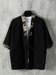 Manfinity Hypemode Oversized Men's Kimono With Contrast Trim And Tie Front (Without Tee) - Black - View 7