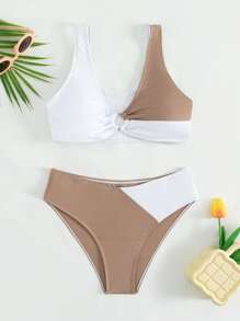 Teen Girls Color Block Ring Linked Bikini Set Summer Beach - Multicolor - View 1